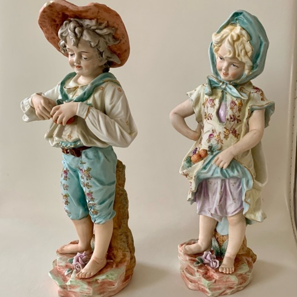 Rare Vintage KPM Girl And Boy Pair Harvesting Fruit Germany 11”